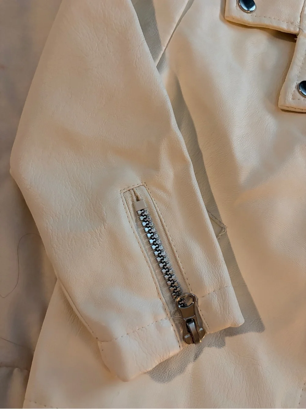 Little Lass Cream Faux Leather Moto Jacket with Silver Hardware